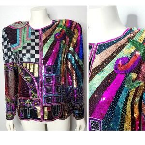 Vintage 1980s Rainbow Sequin and Beaded Blazer Jacket by Laurence Kazar